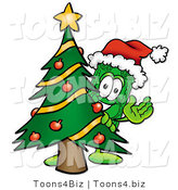Illustration of a Cartoon Dollar Bill Mascot Waving and Standing by a Decorated Christmas Tree by Toons4Biz