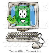 Illustration of a Cartoon Dollar Bill Mascot Waving from Inside a Computer Screen by Mascot Junction