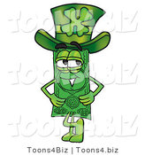 Illustration of a Cartoon Dollar Bill Mascot Wearing a Saint Patricks Day Hat with a Clover on It by Mascot Junction