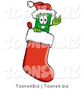 Illustration of a Cartoon Dollar Bill Mascot Wearing a Santa Hat Inside a Red Christmas Stocking by Mascot Junction