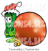 Illustration of a Cartoon Dollar Bill Mascot Wearing a Santa Hat, Standing with a Christmas Bauble by Mascot Junction