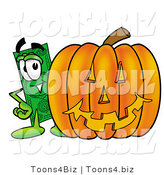 Illustration of a Cartoon Dollar Bill Mascot with a Carved Halloween Pumpkin by Mascot Junction