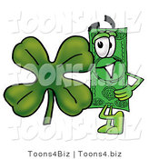 Illustration of a Cartoon Dollar Bill Mascot with a Green Four Leaf Clover on St Paddy's or St Patricks Day by Mascot Junction
