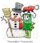 Illustration of a Cartoon Dollar Bill Mascot with a Snowman on Christmas by Toons4Biz