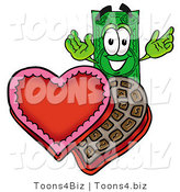 Illustration of a Cartoon Dollar Bill Mascot with an Open Box of Valentines Day Chocolate Candies by Toons4Biz