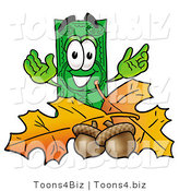 Illustration of a Cartoon Dollar Bill Mascot with Autumn Leaves and Acorns in the Fall by Toons4Biz