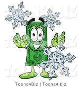 Illustration of a Cartoon Dollar Bill Mascot with Three Snowflakes in Winter by Mascot Junction