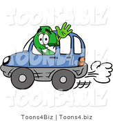 Illustration of a Cartoon Dollar Sign Mascot Driving a Blue Car and Waving by Mascot Junction
