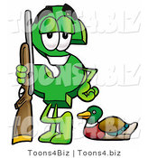 Illustration of a Cartoon Dollar Sign Mascot Duck Hunting, Standing with a Rifle and Duck by Mascot Junction