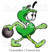 Illustration of a Cartoon Dollar Sign Mascot Holding a Bowling Ball by Mascot Junction