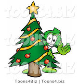 Illustration of a Cartoon Dollar Sign Mascot Waving and Standing by a Decorated Christmas Tree by Mascot Junction