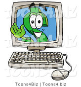 Illustration of a Cartoon Dollar Sign Mascot Waving from Inside a Computer Screen by Toons4Biz