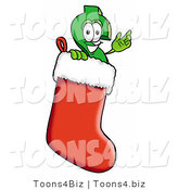 Illustration of a Cartoon Dollar Sign Mascot Wearing a Santa Hat Inside a Red Christmas Stocking by Mascot Junction