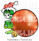 Illustration of a Cartoon Dollar Sign Mascot Wearing a Santa Hat, Standing with a Christmas Bauble by Mascot Junction