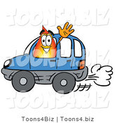 Illustration of a Cartoon Fire Droplet Mascot Driving a Blue Car and Waving by Mascot Junction