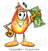 Illustration of a Cartoon Fire Droplet Mascot Holding a Dollar Bill by Mascot Junction