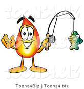 Illustration of a Cartoon Fire Droplet Mascot Holding a Fish on a Fishing Pole by Toons4Biz