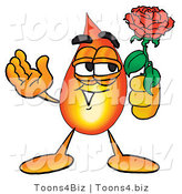 Illustration of a Cartoon Fire Droplet Mascot Holding a Red Rose on Valentines Day by Toons4Biz