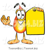 Illustration of a Cartoon Fire Droplet Mascot Holding a Yellow Sales Price Tag by Mascot Junction