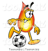 Illustration of a Cartoon Fire Droplet Mascot Kicking a Soccer Ball by Mascot Junction