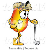 Illustration of a Cartoon Fire Droplet Mascot Leaning on a Golf Club While Golfing by Mascot Junction