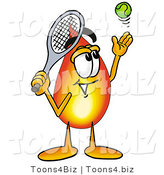 Illustration of a Cartoon Fire Droplet Mascot Preparing to Hit a Tennis Ball by Mascot Junction