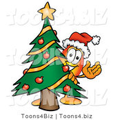 Illustration of a Cartoon Fire Droplet Mascot Waving and Standing by a Decorated Christmas Tree by Toons4Biz