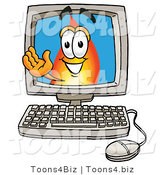 Illustration of a Cartoon Fire Droplet Mascot Waving from Inside a Computer Screen by Mascot Junction