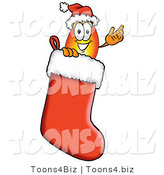 Illustration of a Cartoon Fire Droplet Mascot Wearing a Santa Hat Inside a Red Christmas Stocking by Mascot Junction