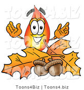 Illustration of a Cartoon Fire Droplet Mascot with Autumn Leaves and Acorns in the Fall by Mascot Junction