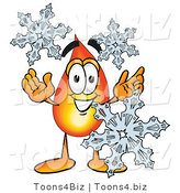 Illustration of a Cartoon Fire Droplet Mascot with Three Snowflakes in Winter by Toons4Biz