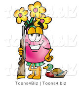 Illustration of a Cartoon Flowers Mascot Duck Hunting, Standing with a Rifle and Duck by Mascot Junction