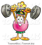 Illustration of a Cartoon Flowers Mascot Holding a Heavy Barbell Above His Head by Toons4Biz