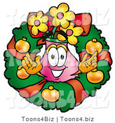 Illustration of a Cartoon Flowers Mascot in the Center of a Christmas Wreath by Mascot Junction