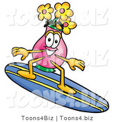 Illustration of a Cartoon Flowers Mascot Surfing on a Blue and Yellow Surfboard by Toons4Biz