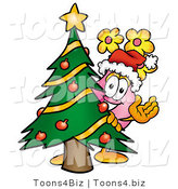 Illustration of a Cartoon Flowers Mascot Waving and Standing by a Decorated Christmas Tree by Toons4Biz