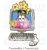 Illustration of a Cartoon Flowers Mascot Waving from Inside a Computer Screen by Mascot Junction