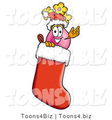 Illustration of a Cartoon Flowers Mascot Wearing a Santa Hat Inside a Red Christmas Stocking by Mascot Junction