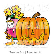 Illustration of a Cartoon Flowers Mascot with a Carved Halloween Pumpkin by Toons4Biz