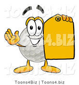 Illustration of a Cartoon Golf Ball Mascot Holding a Yellow Sales Price Tag by Mascot Junction