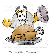 Illustration of a Cartoon Golf Ball Mascot Serving a Thanksgiving Turkey on a Platter by Mascot Junction