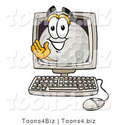 Illustration of a Cartoon Golf Ball Mascot Waving from Inside a Computer Screen by Mascot Junction