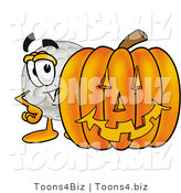 Illustration of a Cartoon Golf Ball Mascot with a Carved Halloween Pumpkin by Mascot Junction