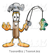 Illustration of a Cartoon Hammer Mascot Holding a Fish on a Fishing Pole by Mascot Junction