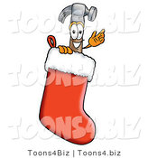 Illustration of a Cartoon Hammer Mascot Inside a Red Christmas Stocking by Mascot Junction