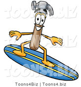 Illustration of a Cartoon Hammer Mascot Surfing on a Blue and Yellow Surfboard by Mascot Junction