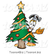 Illustration of a Cartoon Hammer Mascot Waving and Standing by a Decorated Christmas Tree by Mascot Junction