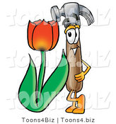 Illustration of a Cartoon Hammer Mascot with a Red Tulip Flower in the Spring by Mascot Junction