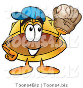 Illustration of a Cartoon Hard Hat Mascot Catching a Baseball with a Glove by Mascot Junction