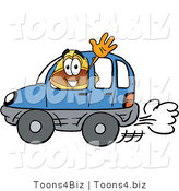 Illustration of a Cartoon Hard Hat Mascot Driving a Blue Car and Waving by Mascot Junction